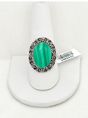 Bali Sterling Silver & Malachite Ring w/Scrollwork Border Design Size 9.5 by STS